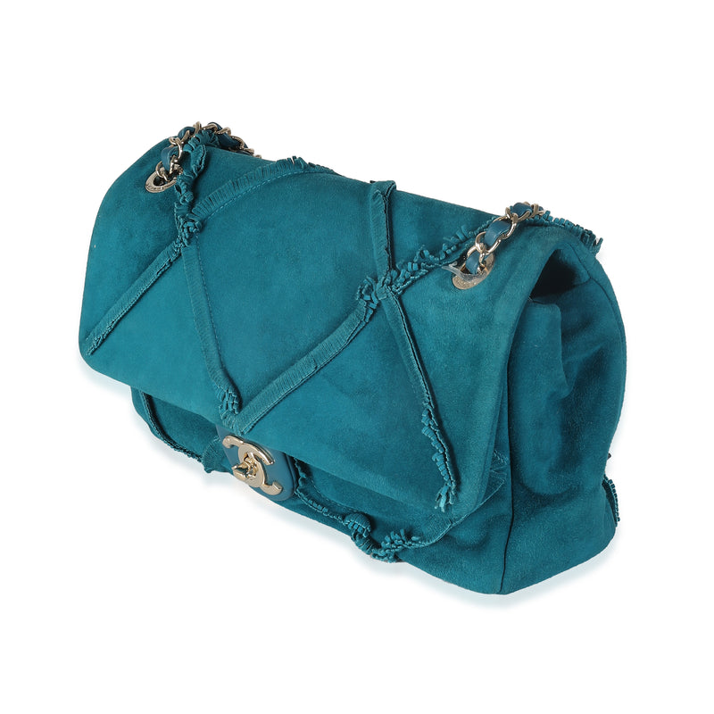 Chanel Teal Suede Goatskin Diamond Fringe Medium Flap Bag Blue Handbag