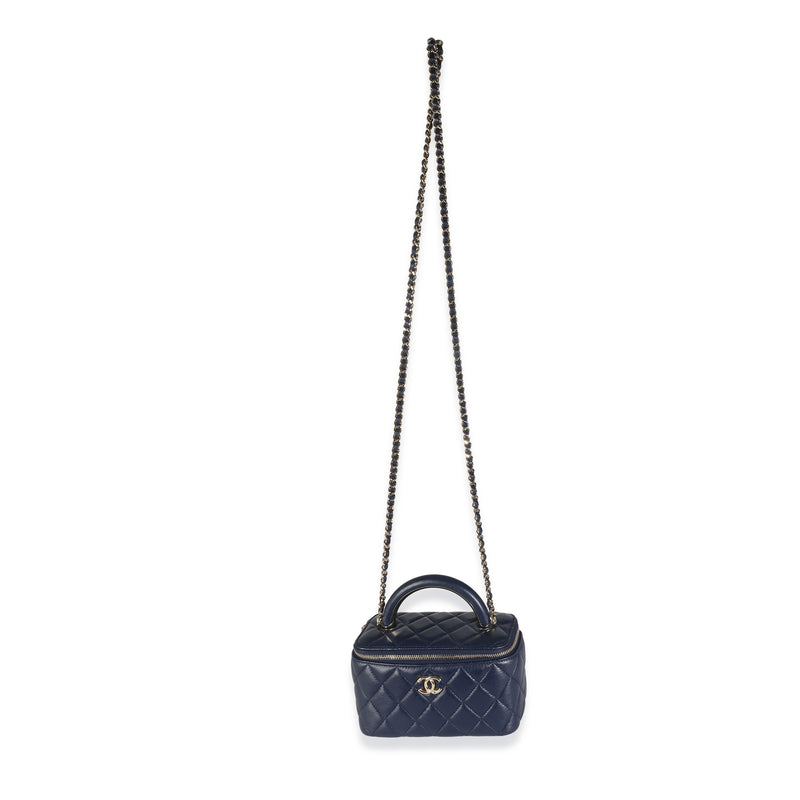 Chanel Navy Quilted Lambskin Top Handle Vanity Case With Chain Blue Leather Handbag