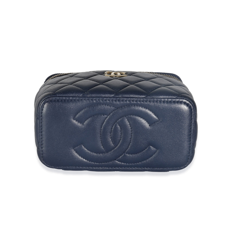 Chanel Navy Quilted Lambskin Top Handle Vanity Case With Chain Blue Leather Handbag