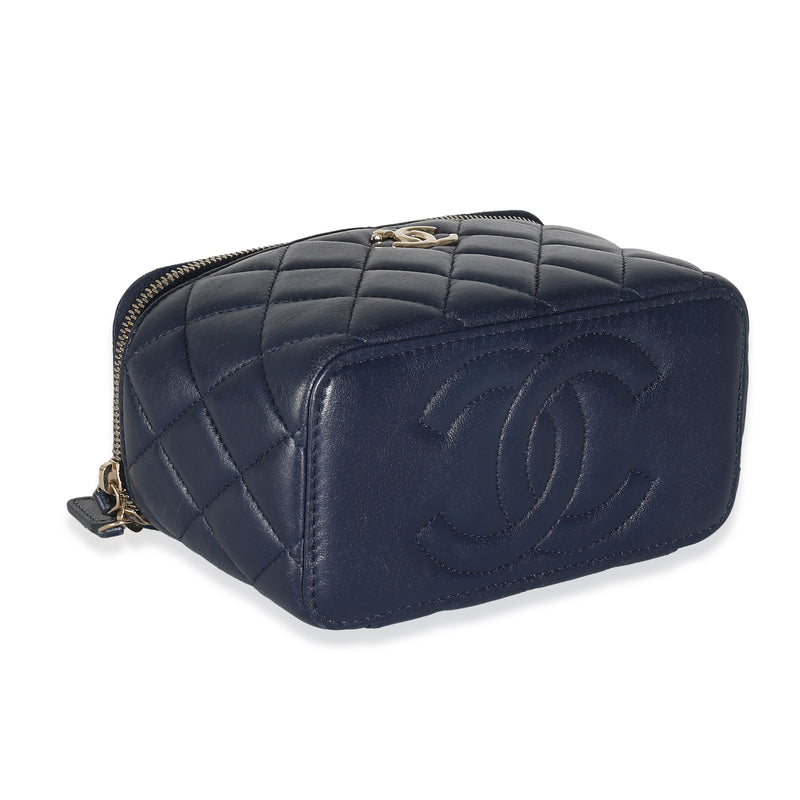 Chanel Navy Quilted Lambskin Top Handle Vanity Case With Chain Blue Leather Handbag