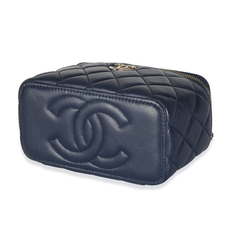 Chanel Navy Quilted Lambskin Top Handle Vanity Case With Chain Blue Leather Handbag