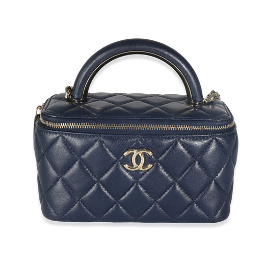 Chanel Navy Quilted Lambskin Top Handle Vanity Case With Chain Blue Leather Handbag