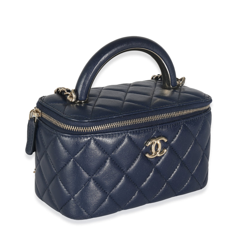 Chanel Navy Quilted Lambskin Top Handle Vanity Case With Chain Blue Leather Handbag