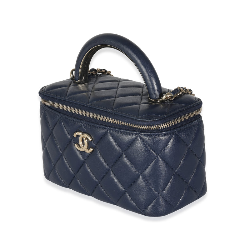 Chanel Navy Quilted Lambskin Top Handle Vanity Case With Chain Blue Leather Handbag