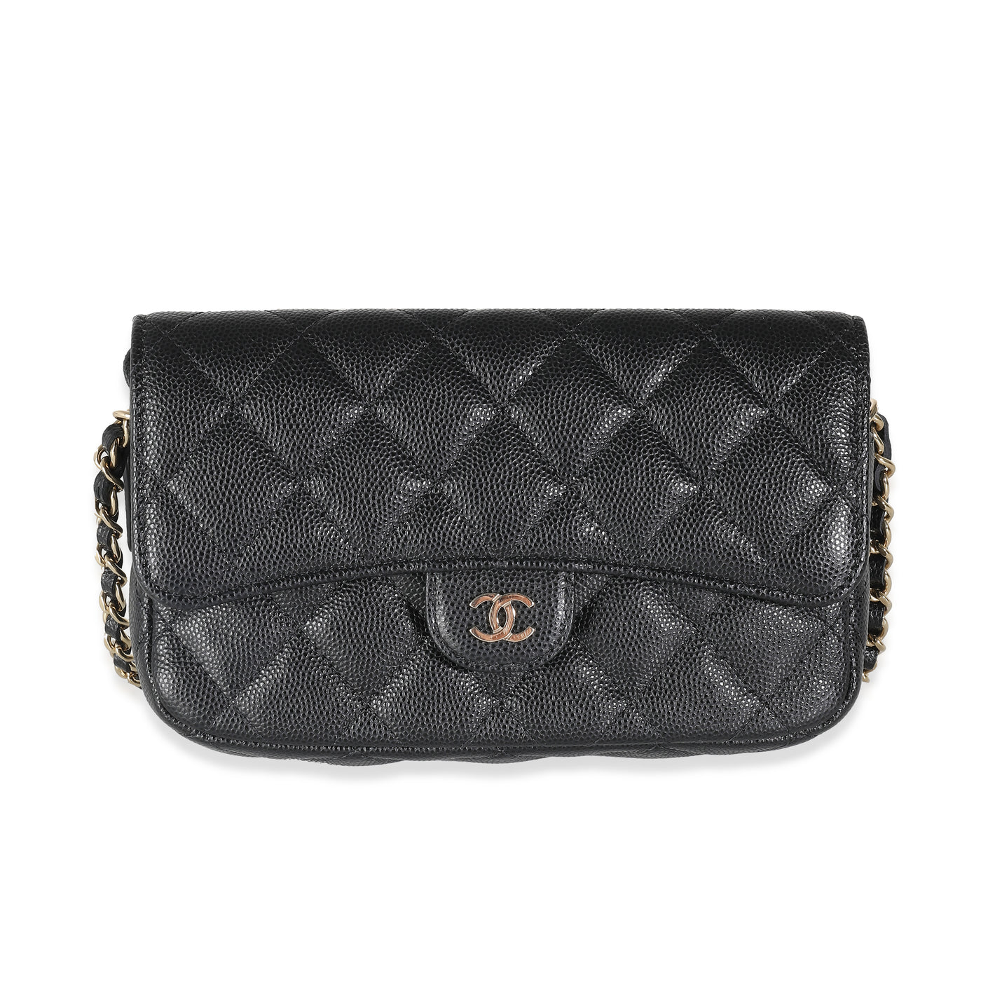 Chanel Black Quilted Caviar Flap Phone Handbag With Chain Leather