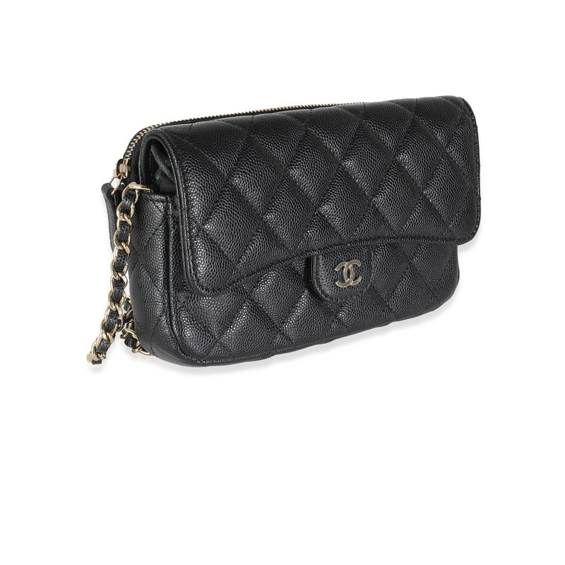 Chanel Black Quilted Caviar Flap Phone Handbag With Chain Leather