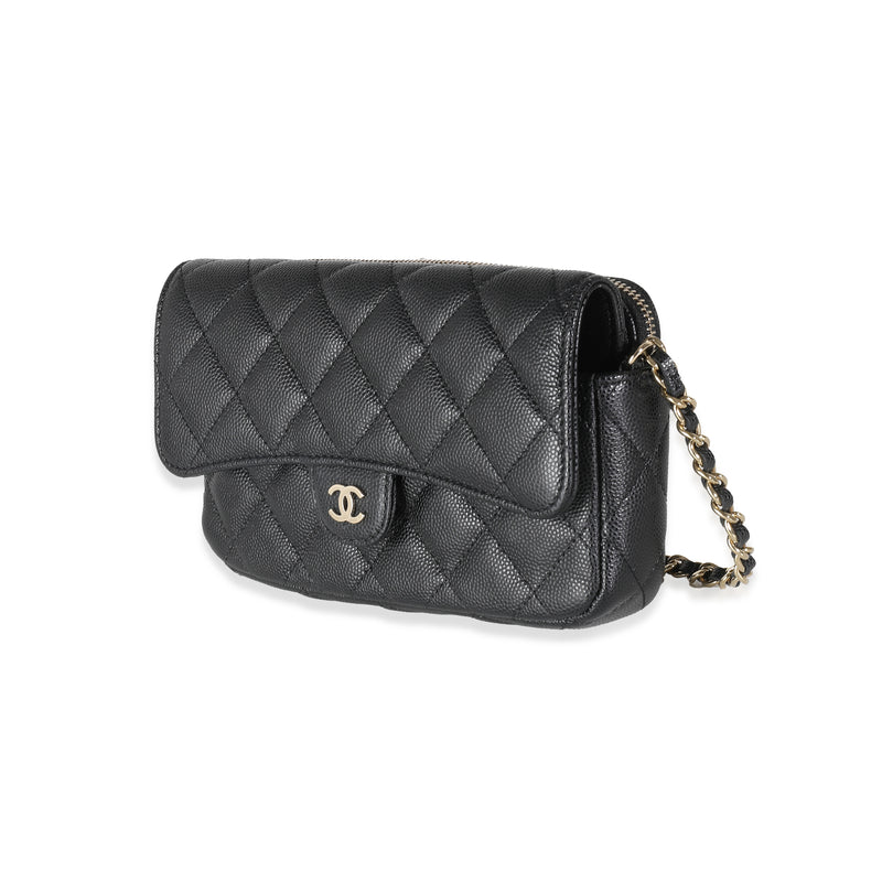 Chanel Black Quilted Caviar Flap Phone Handbag With Chain Leather