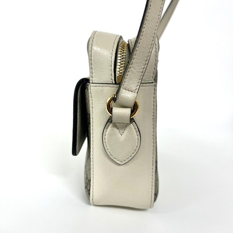 Gucci Horsebit 1955 Flap Pocket Camera Gg Coated Canvas And Leather Beige Bag