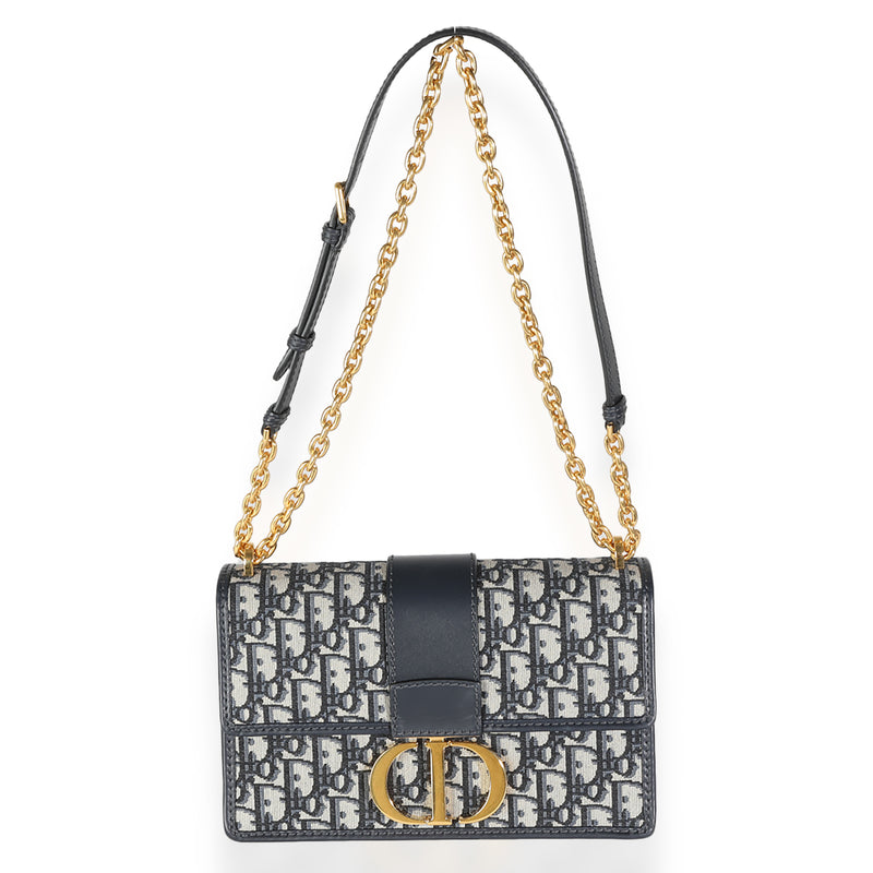 Christian Dior Navy Oblique Jacquard 30 Montaigne Chain Bag Beige; Blue Canvas; Leather Handbag
