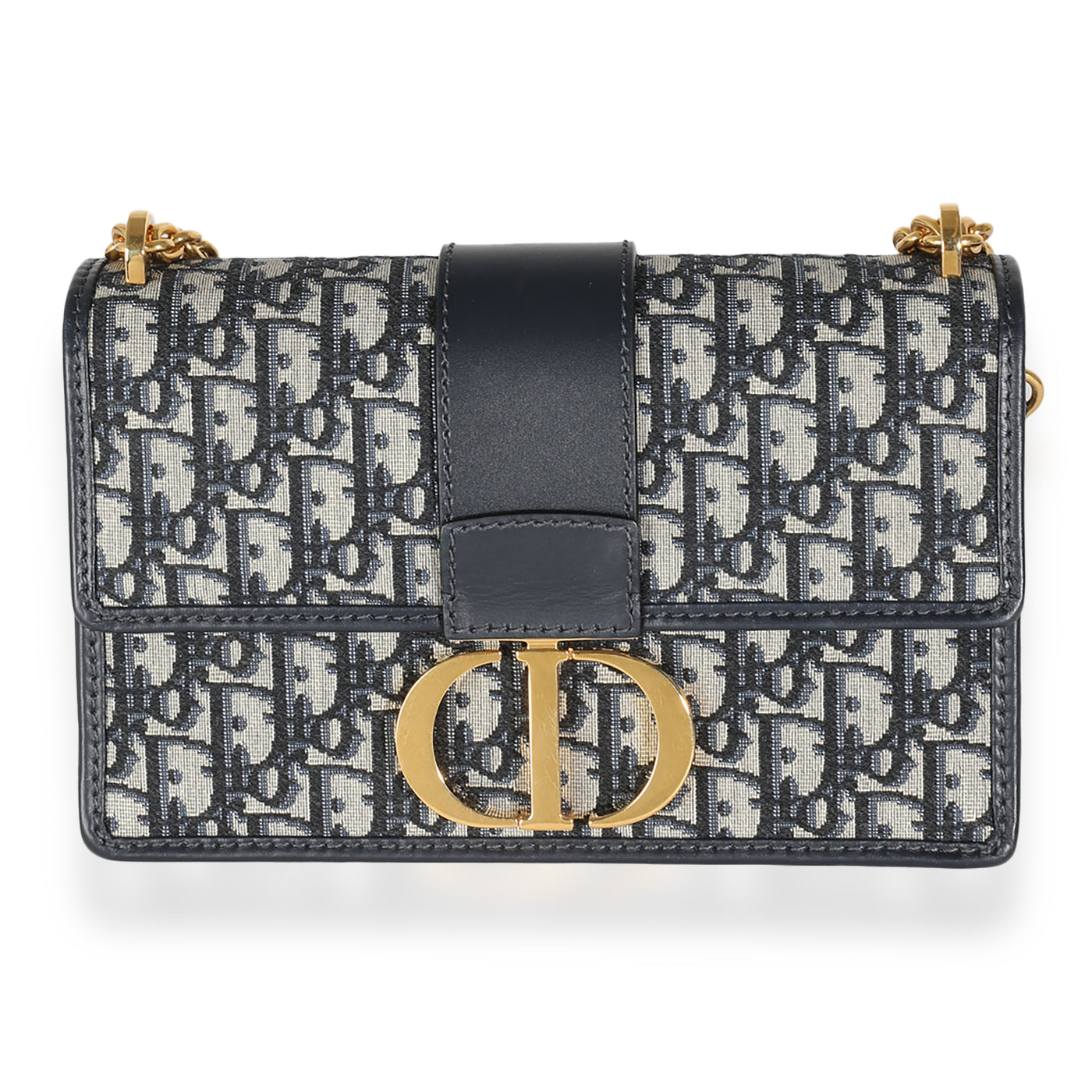 Christian Dior Navy Oblique Jacquard 30 Montaigne Chain Bag Beige; Blue Canvas; Leather Handbag