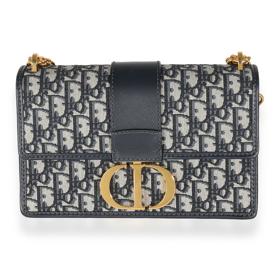 Christian Dior Navy Oblique Jacquard 30 Montaigne Chain Bag Beige; Blue Canvas; Leather Handbag