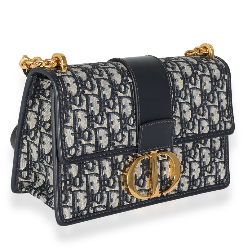 Christian Dior Navy Oblique Jacquard 30 Montaigne Chain Bag Beige; Blue Canvas; Leather Handbag