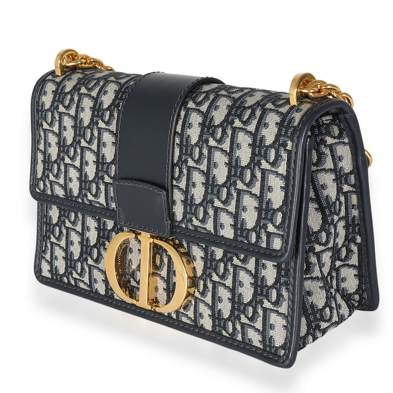 Christian Dior Navy Oblique Jacquard 30 Montaigne Chain Bag Beige; Blue Canvas; Leather Handbag