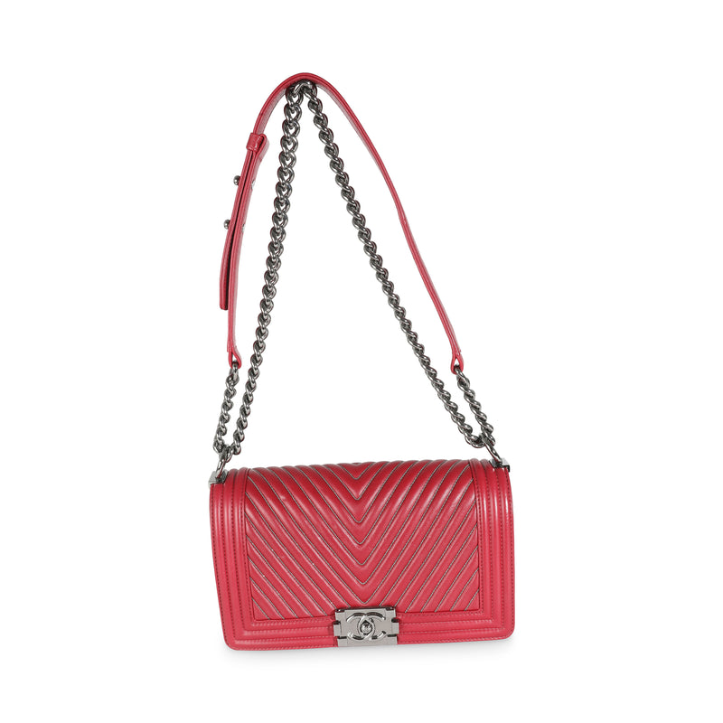 Chanel Burgundy Chevron Calfskin Chain Medium Boy Bag Red Leather Handbag