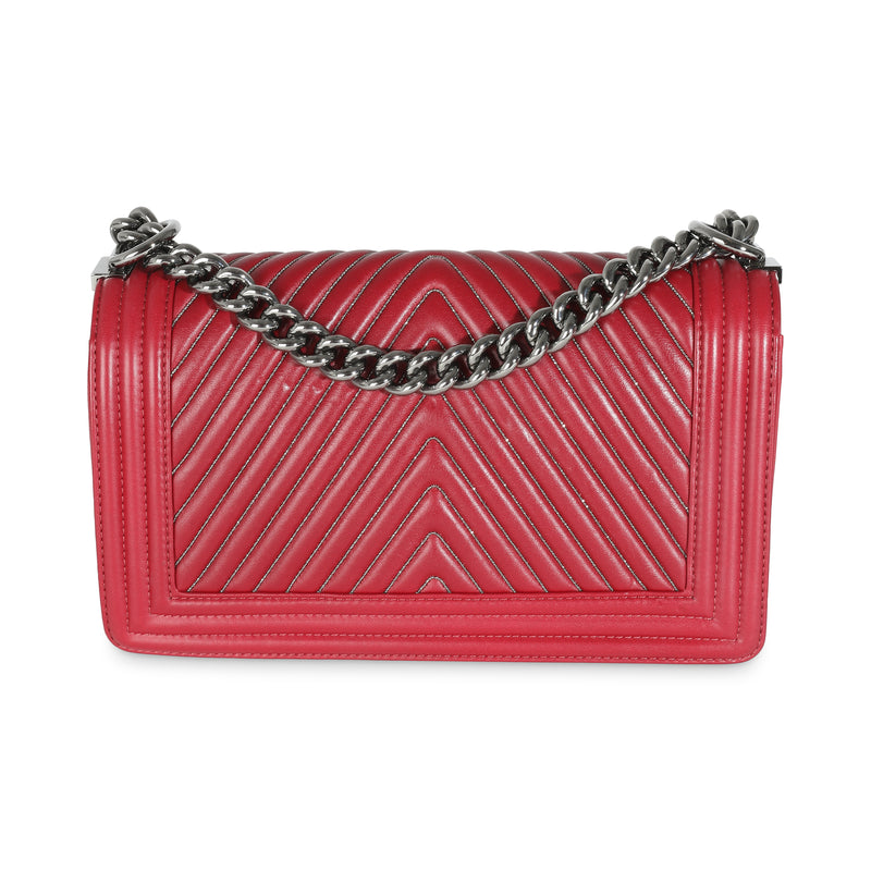 Chanel Burgundy Chevron Calfskin Chain Medium Boy Bag Red Leather Handbag