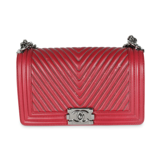 Chanel Burgundy Chevron Calfskin Chain Medium Boy Bag Red Leather Handbag