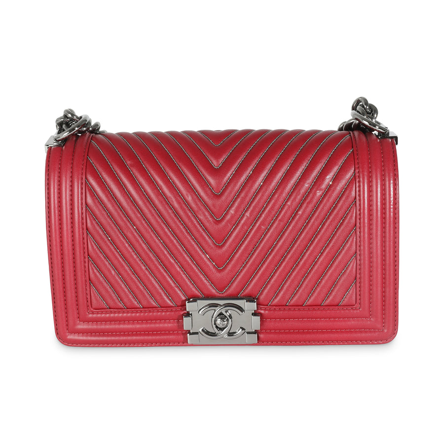 Chanel Burgundy Chevron Calfskin Chain Medium Boy Bag Red Leather Handbag