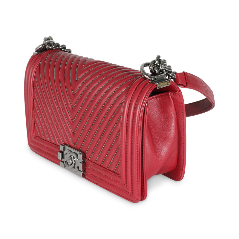 Chanel Burgundy Chevron Calfskin Chain Medium Boy Bag Red Leather Handbag