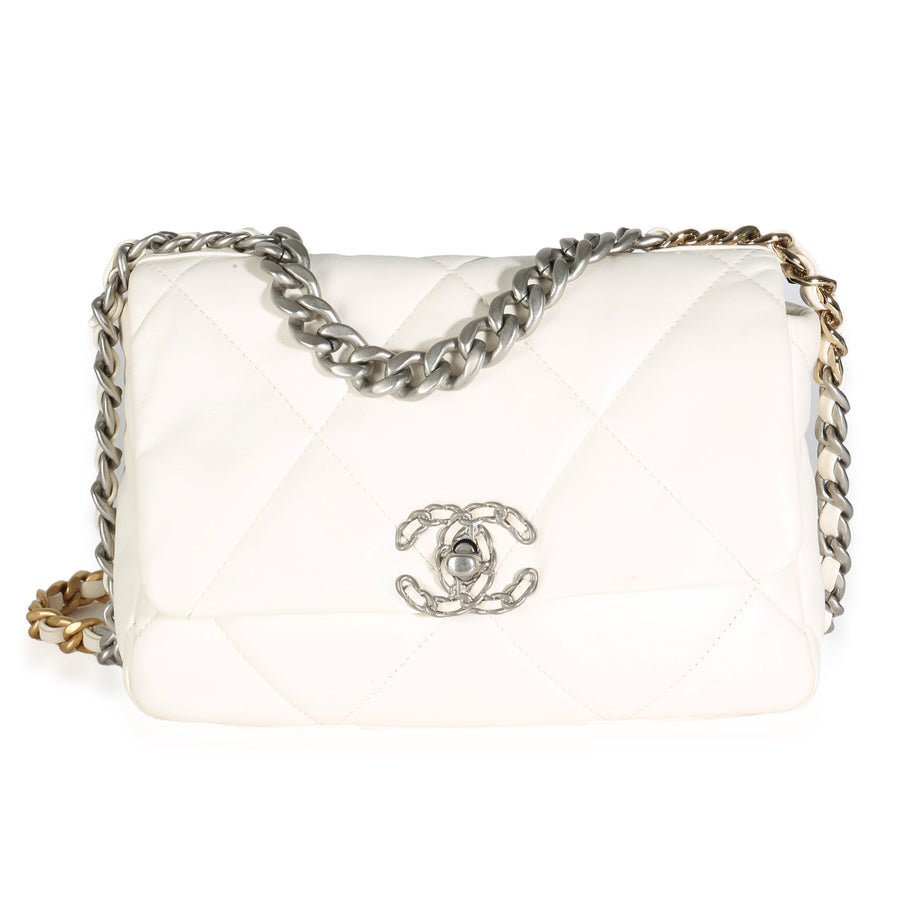 Chanel White Quilted Lambskin Small 19 Flap Bag Leather Handbag