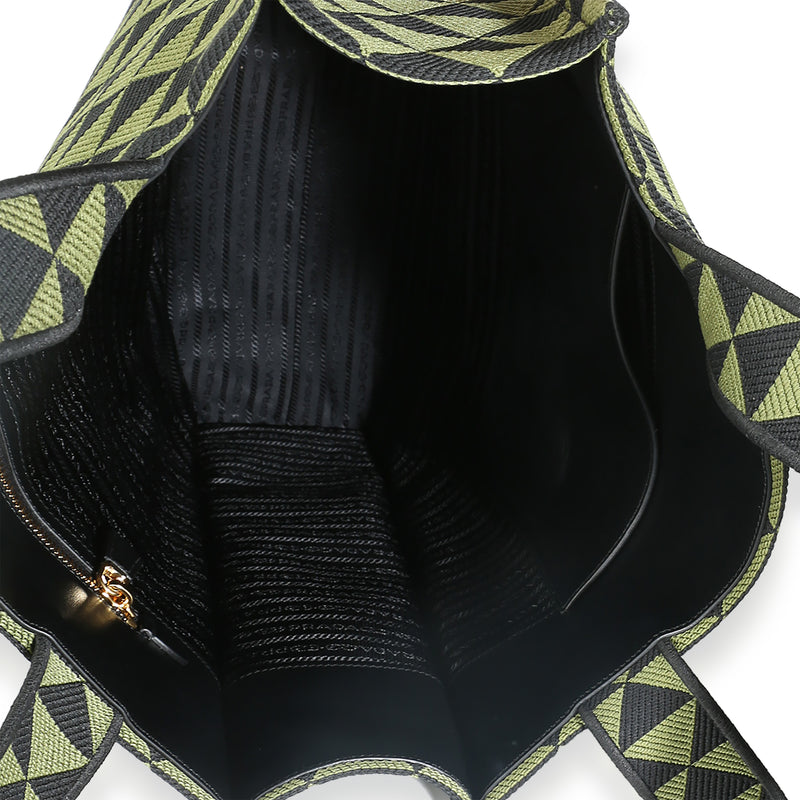Prada Black Green Jacquard Triangolo Symbole Shopping Tote Black; Canvas Handbag