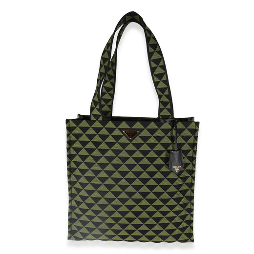 Prada Black Green Jacquard Triangolo Symbole Shopping Tote Black; Canvas Handbag