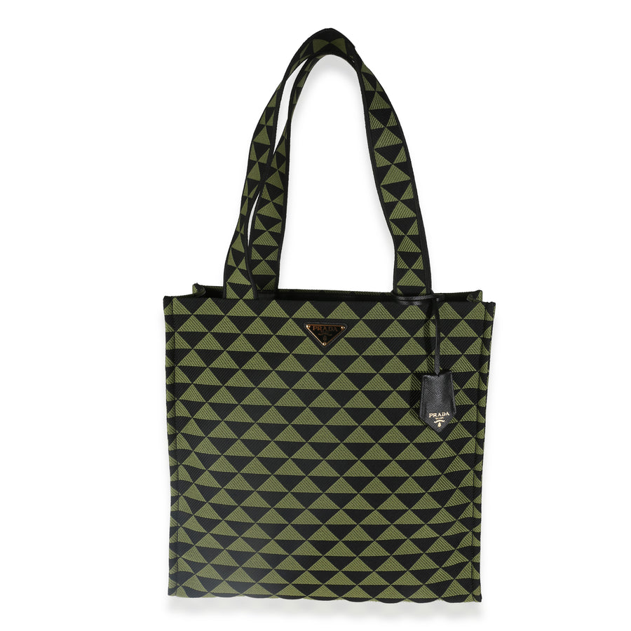 Prada Black Green Jacquard Triangolo Symbole Shopping Tote Black; Canvas Handbag