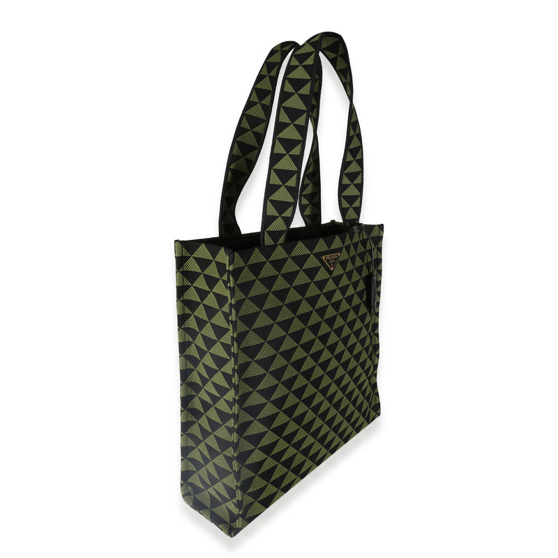 Prada Black Green Jacquard Triangolo Symbole Shopping Tote Black; Canvas Handbag