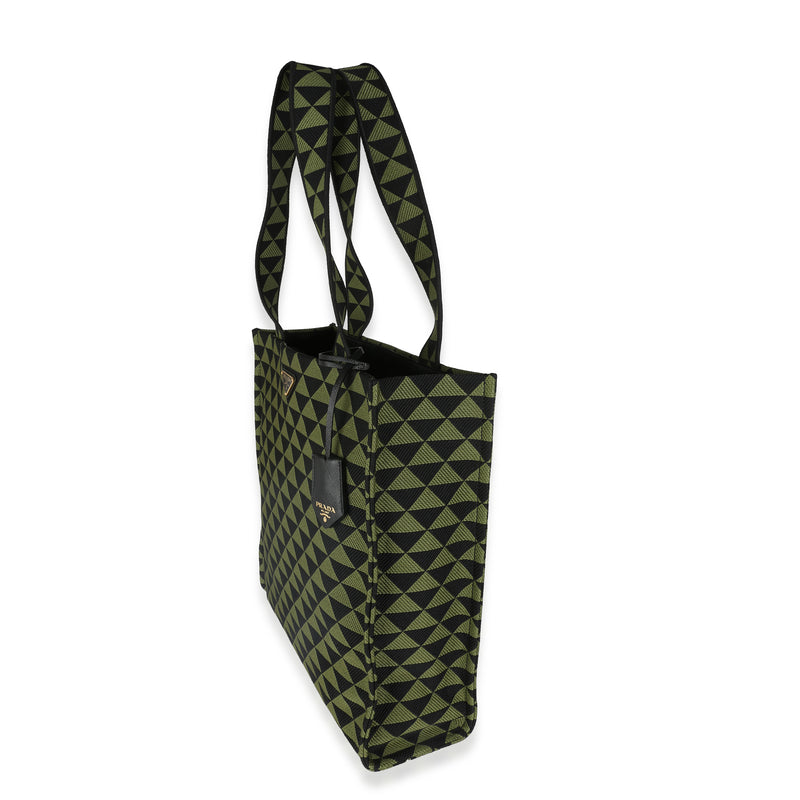 Prada Black Green Jacquard Triangolo Symbole Shopping Tote Black; Canvas Handbag