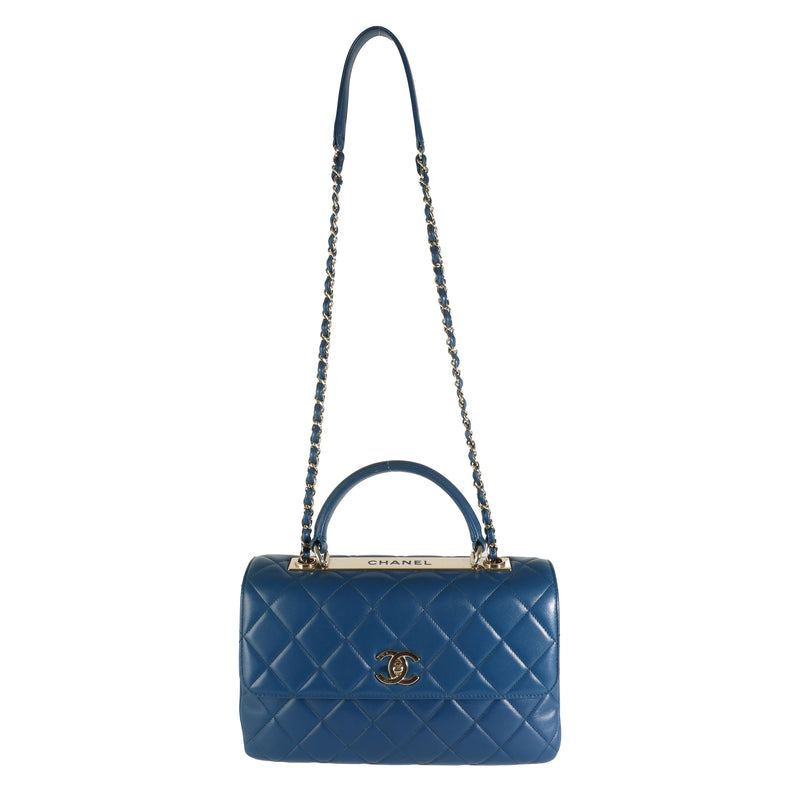 Chanel Navy Quilted Lambskin Medium Trendy Top Handle Bag Blue Leather Handbag