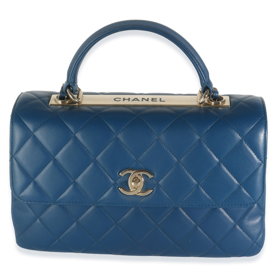 Chanel Navy Quilted Lambskin Medium Trendy Top Handle Bag Blue Leather Handbag