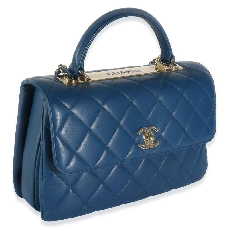 Chanel Navy Quilted Lambskin Medium Trendy Top Handle Bag Blue Leather Handbag