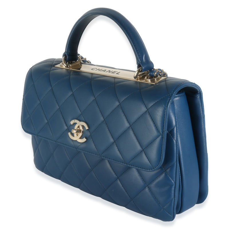 Chanel Navy Quilted Lambskin Medium Trendy Top Handle Bag Blue Leather Handbag