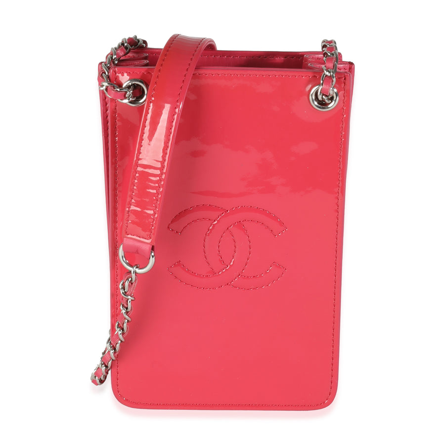 Chanel Pink Patent Cc Phone Holder With Chain Leather Handbag