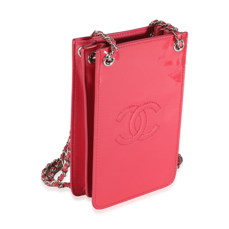 Chanel Pink Patent Cc Phone Holder With Chain Leather Handbag