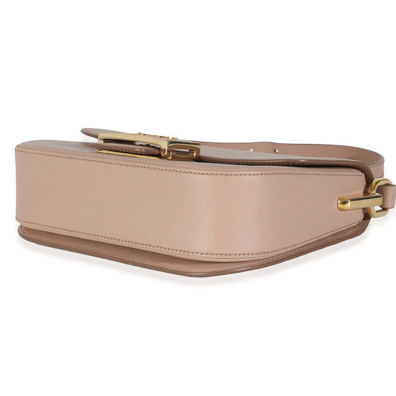 Prada Cipria Saffiano Lux Embleme Flap Shoulder Bag Beige; Pink Leather Handbag
