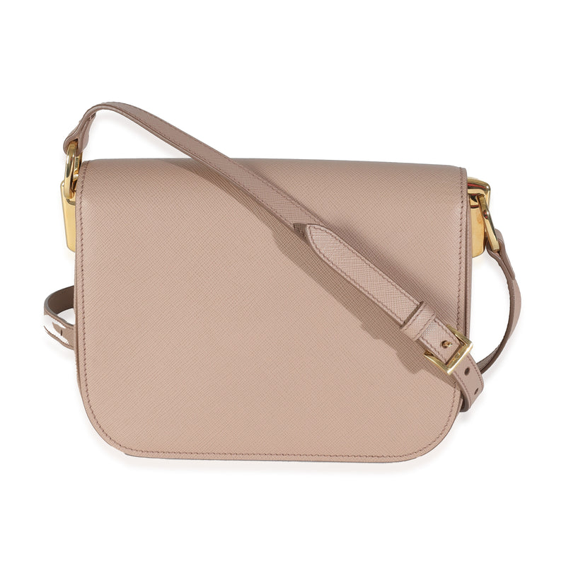 Prada Cipria Saffiano Lux Embleme Flap Shoulder Bag Beige; Pink Leather Handbag
