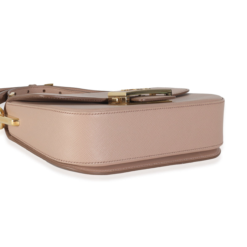 Prada Cipria Saffiano Lux Embleme Flap Shoulder Bag Beige; Pink Leather Handbag