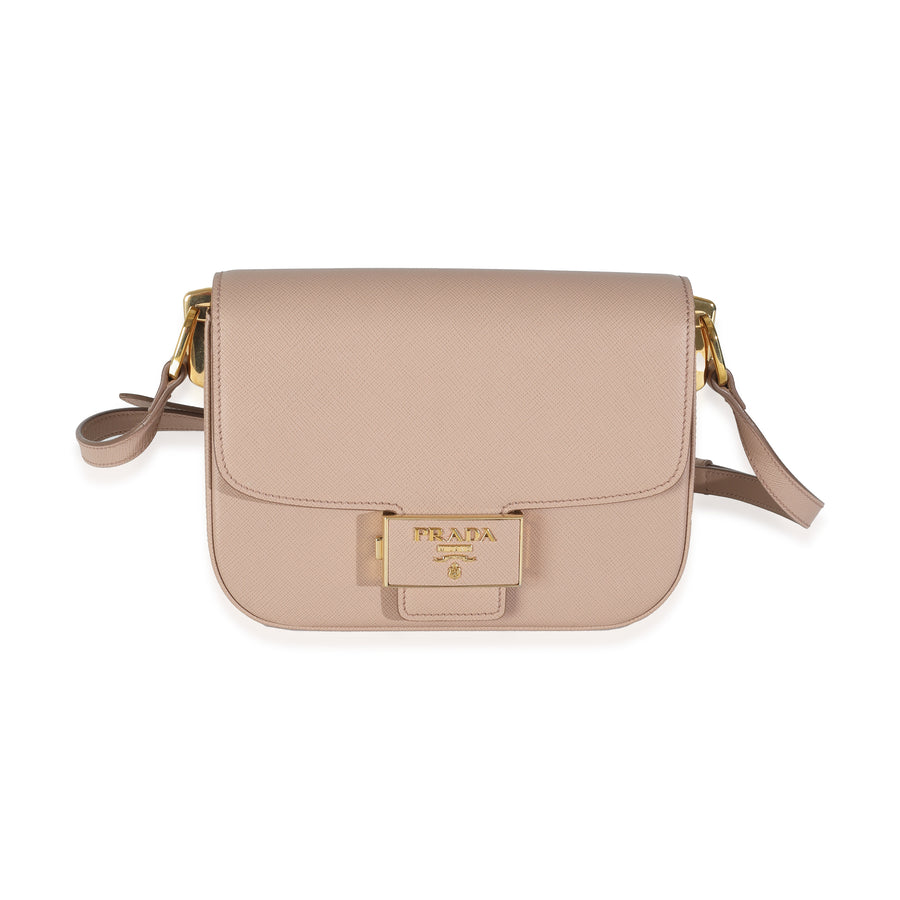 Prada Cipria Saffiano Lux Embleme Flap Shoulder Bag Beige; Pink Leather Handbag