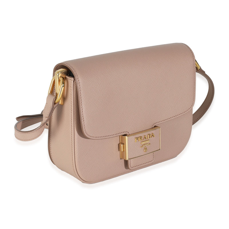 Prada Cipria Saffiano Lux Embleme Flap Shoulder Bag Beige; Pink Leather Handbag