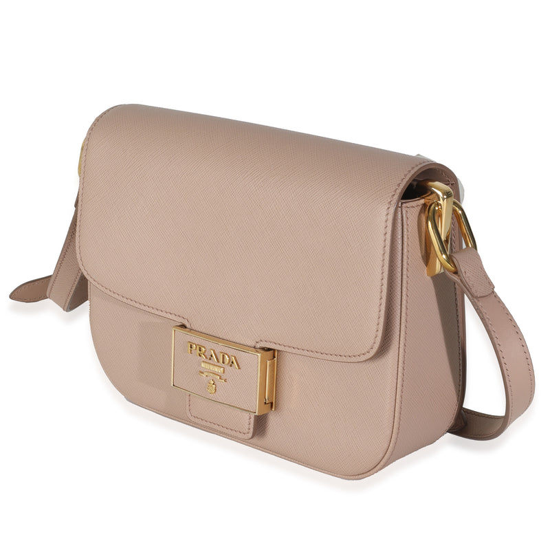 Prada Cipria Saffiano Lux Embleme Flap Shoulder Bag Beige; Pink Leather Handbag
