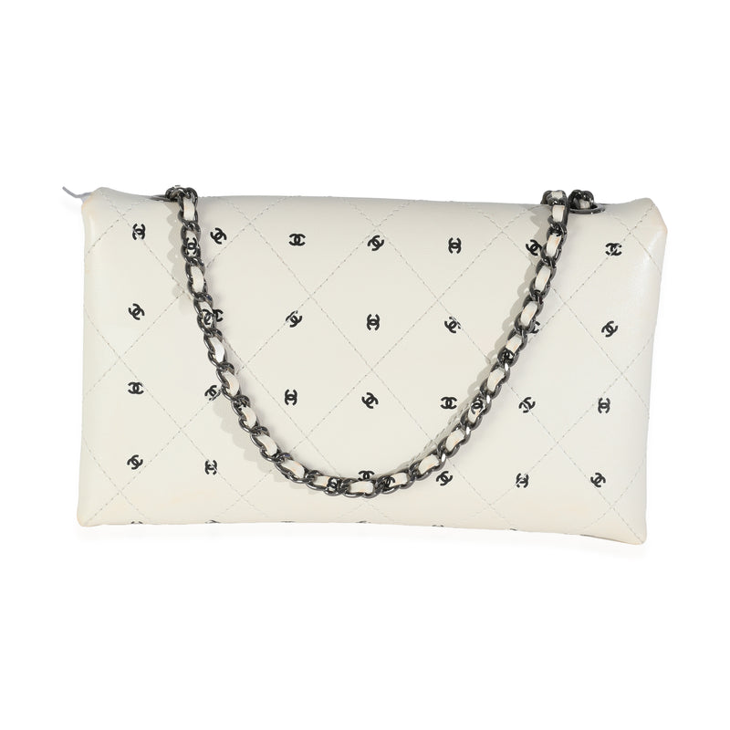 Chanel White Lambskin Cc Logo Envelope Clutch With Chain Black; Leather Handbag