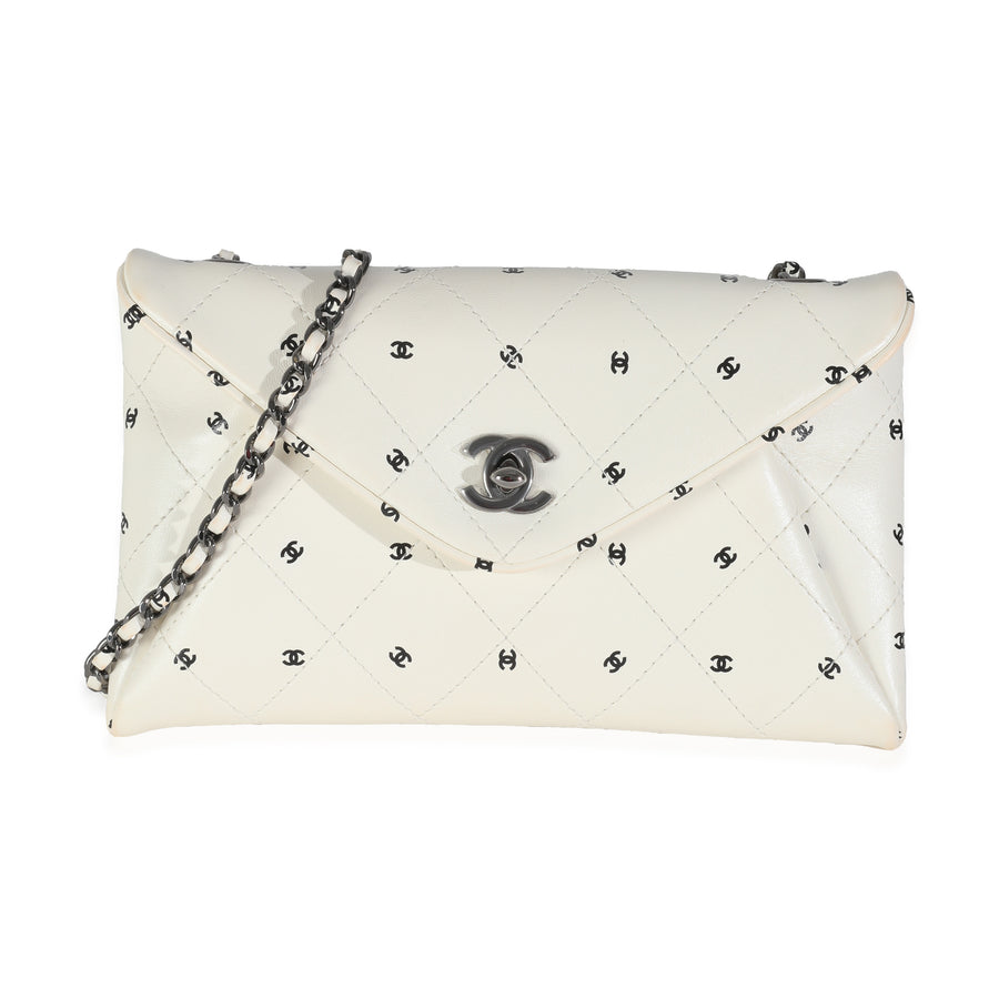 Chanel White Lambskin Cc Logo Envelope Clutch With Chain Black; Leather Handbag