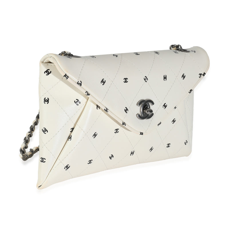 Chanel White Lambskin Cc Logo Envelope Clutch With Chain Black; Leather Handbag