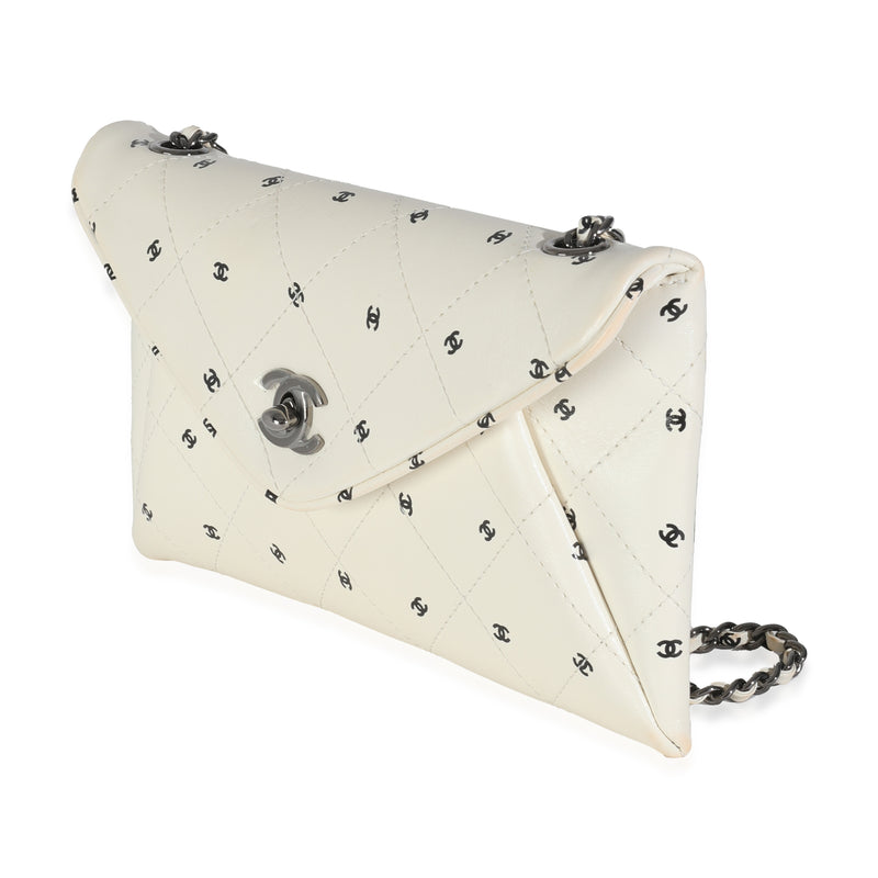 Chanel White Lambskin Cc Logo Envelope Clutch With Chain Black; Leather Handbag