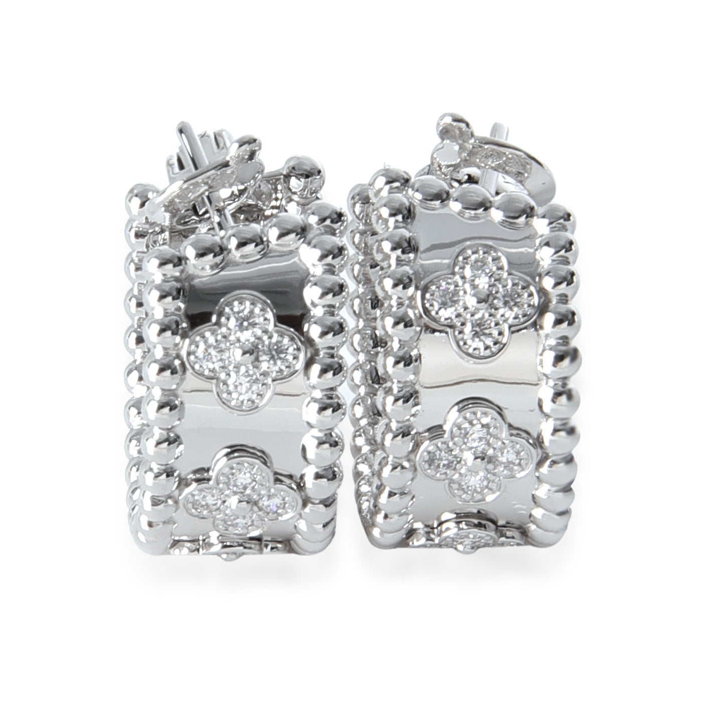 Van Cleef & Arpels White Gold Diamond Perlee Clovers Hoop Earrings 18k