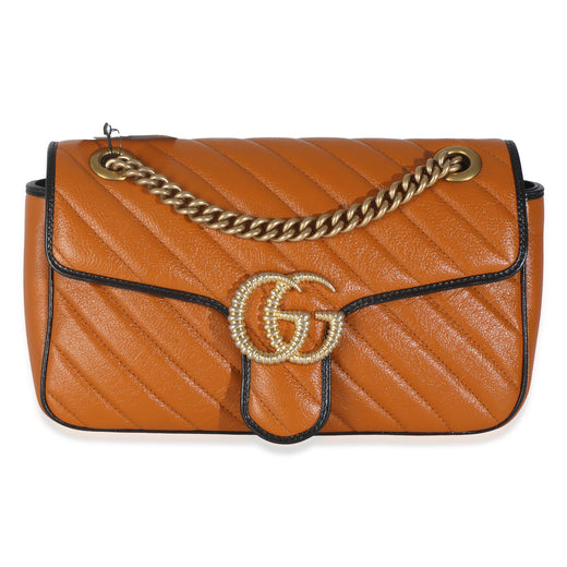 Gucci Cognac Calfskin Matelasse Diagonal Small Torchon Gg Marmont Shoulder Bag Brown Leather Handbag