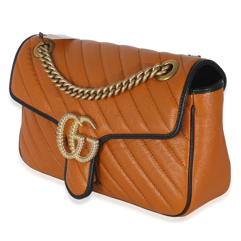 Gucci Cognac Calfskin Matelasse Diagonal Small Torchon Gg Marmont Shoulder Bag Brown Leather Handbag