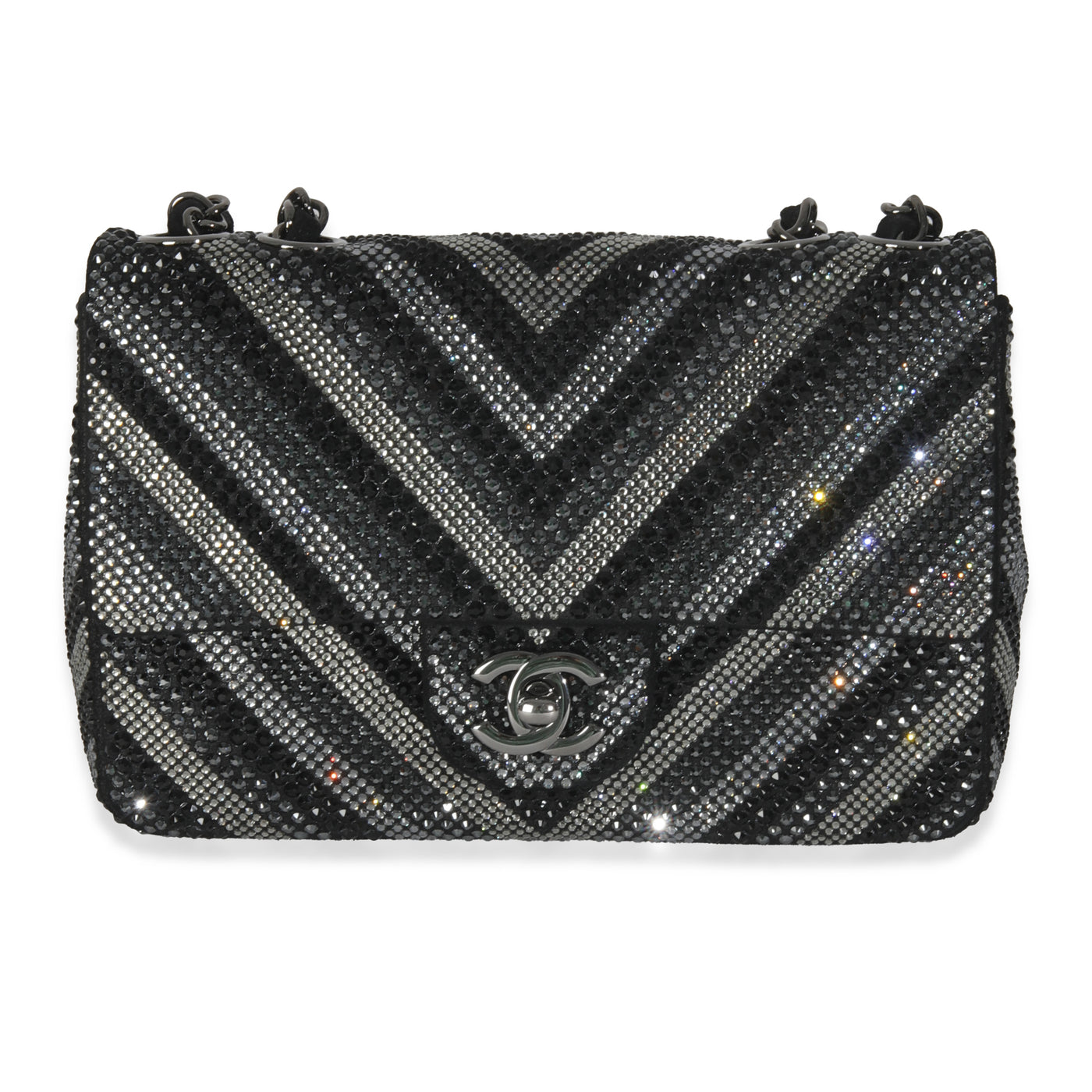 Chanel Black Strass Cc Chevron Mini Flap Bag Embellished Handbag