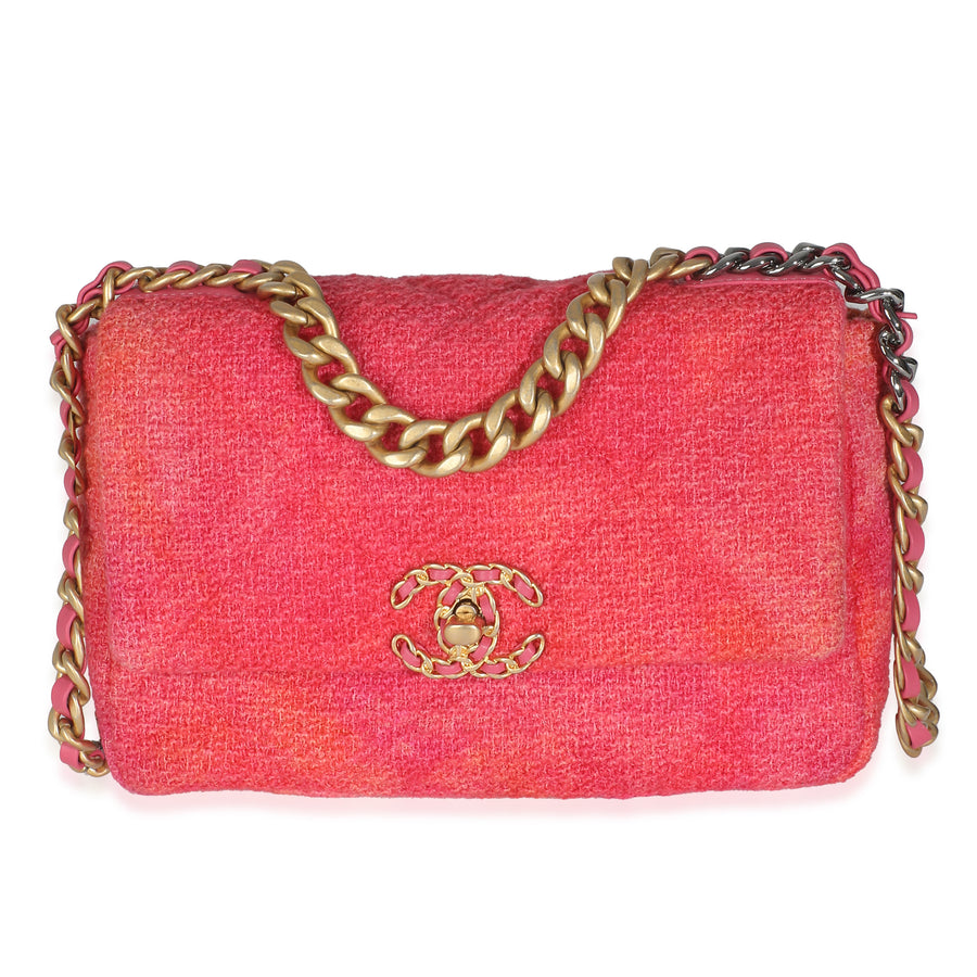 Chanel Coral Pink Tweed Quilted Medium 19 Flap Bag Handbag