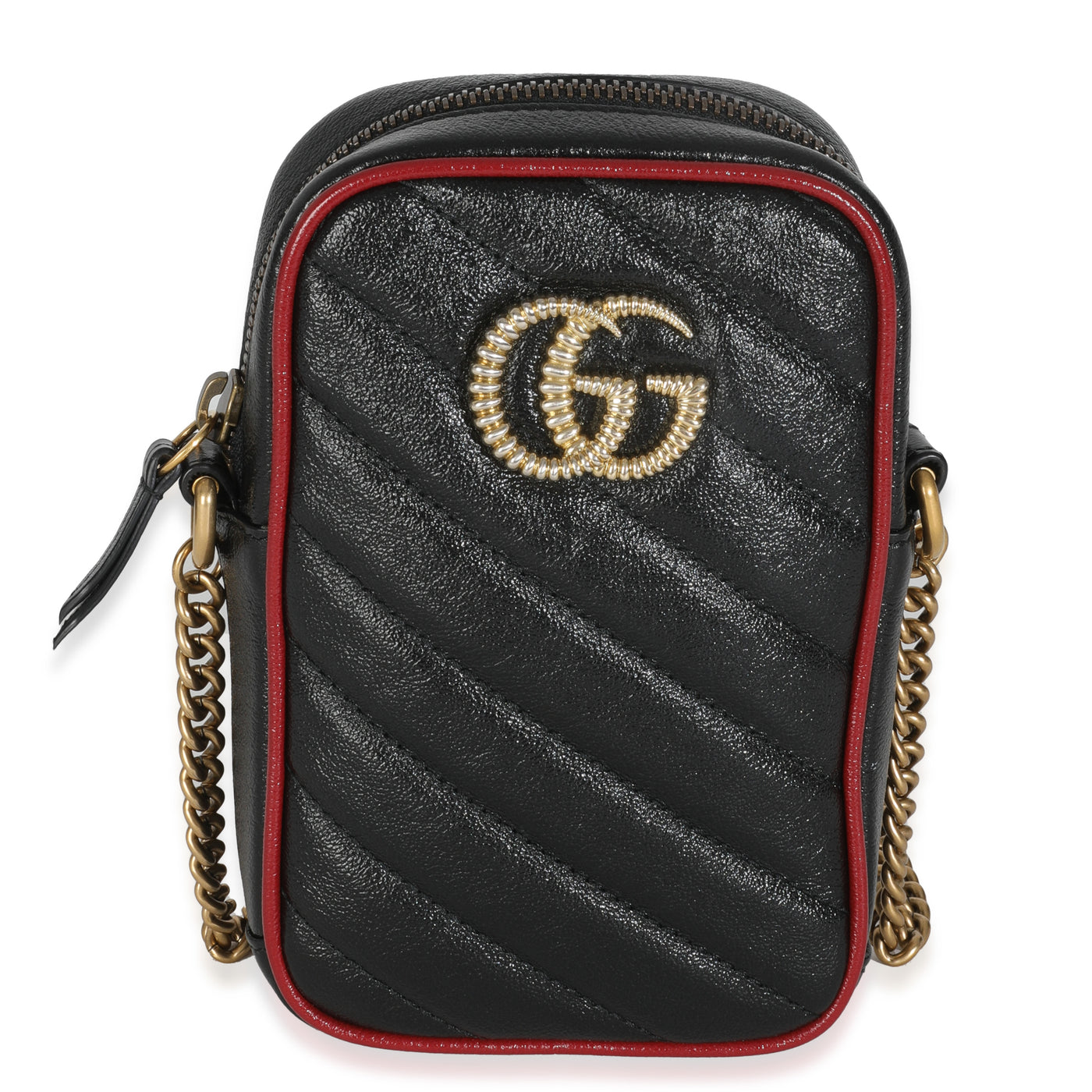 Gucci Red Black Calfskin Matelasse Mini Gg Marmont Crossbody Bag Leather Handbag